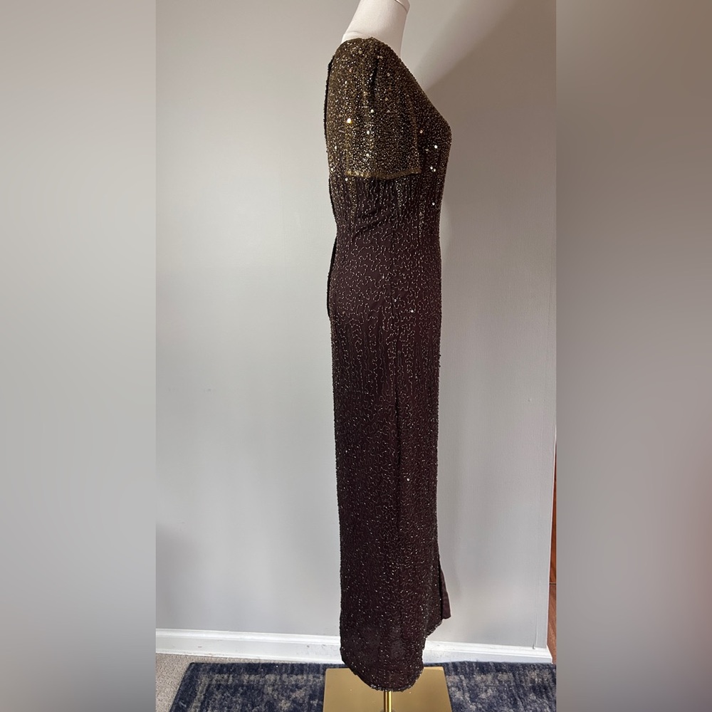VINTAGE STENAY Silk Brown Bead Gown Art Deco Hollywood Glam Formal Maxi Dress 2 - Picture 10 of 13